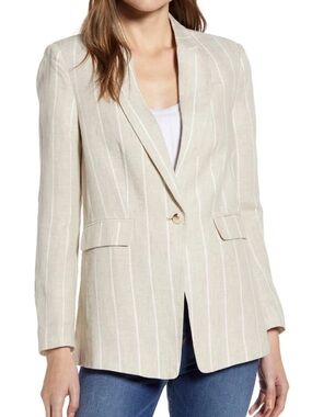 Evereve Beige Pinstripe Linen-Blend Blazer